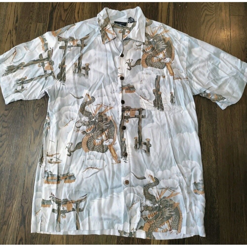 Vintage Dragon Print Short Sleeve Button Up Shirt Men's XL Gray Brown All Rayon